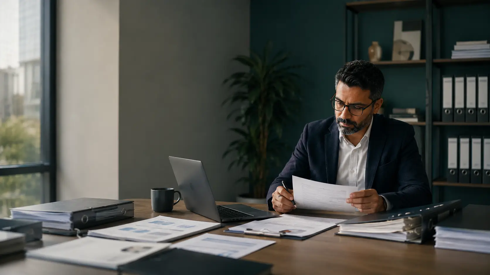 Specialist reviewing fixed assets registers and verification notes at a quiet desk