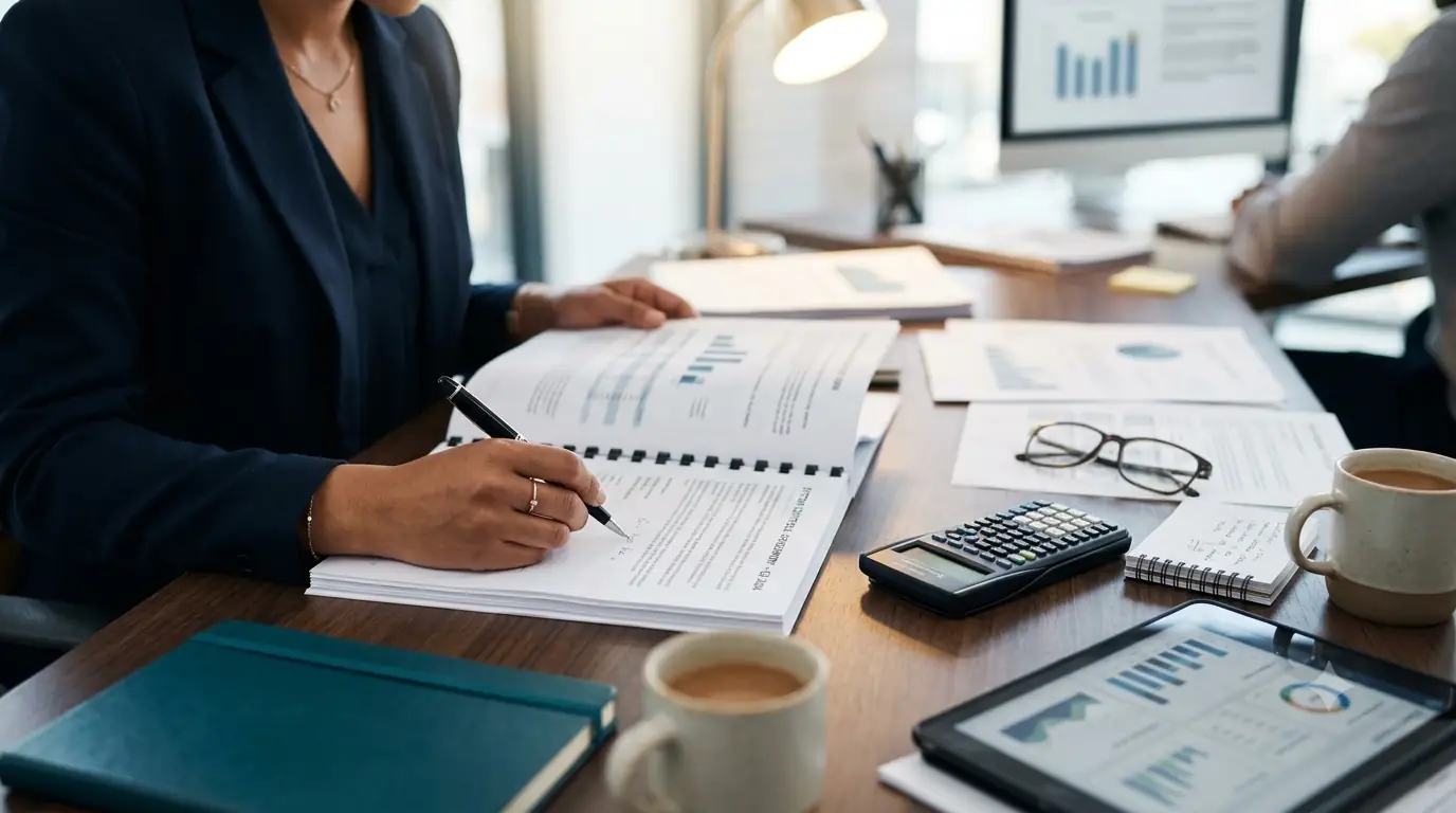 Close inspection of asset registers with calculator and pen