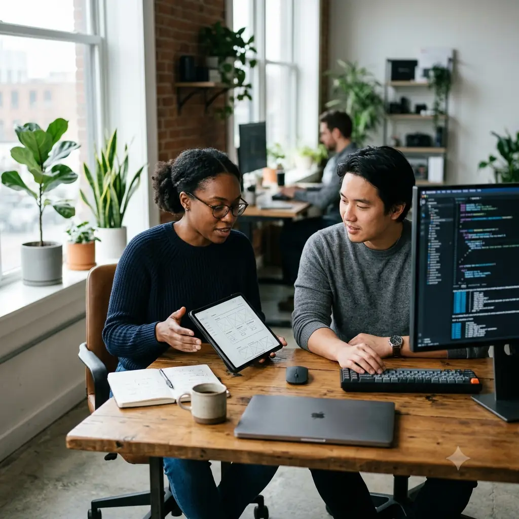 Developers collaborating in a bright product studio