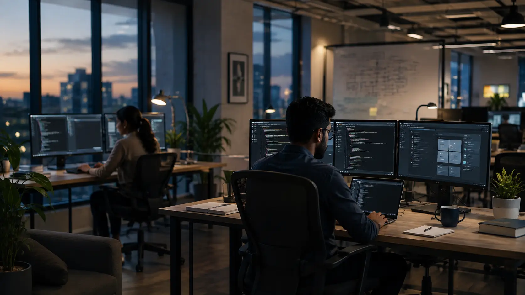 Engineers shipping product work on multi-monitor desks at dusk