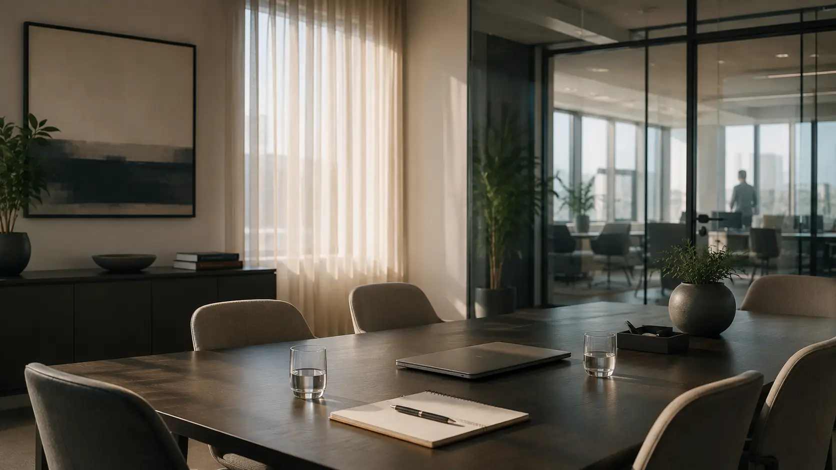 Quiet modern meeting room ready for a first working conversation