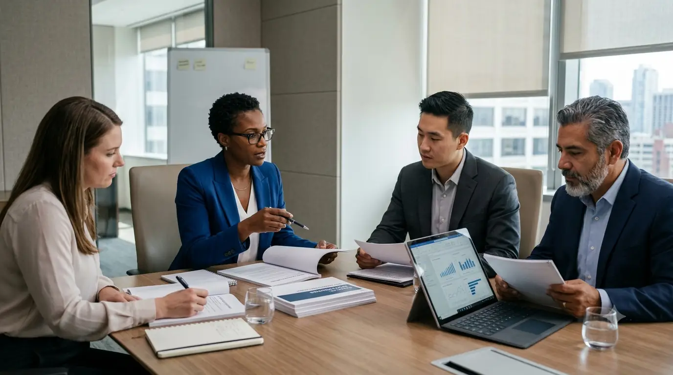 Leadership group reviewing asset verification findings in a boardroom