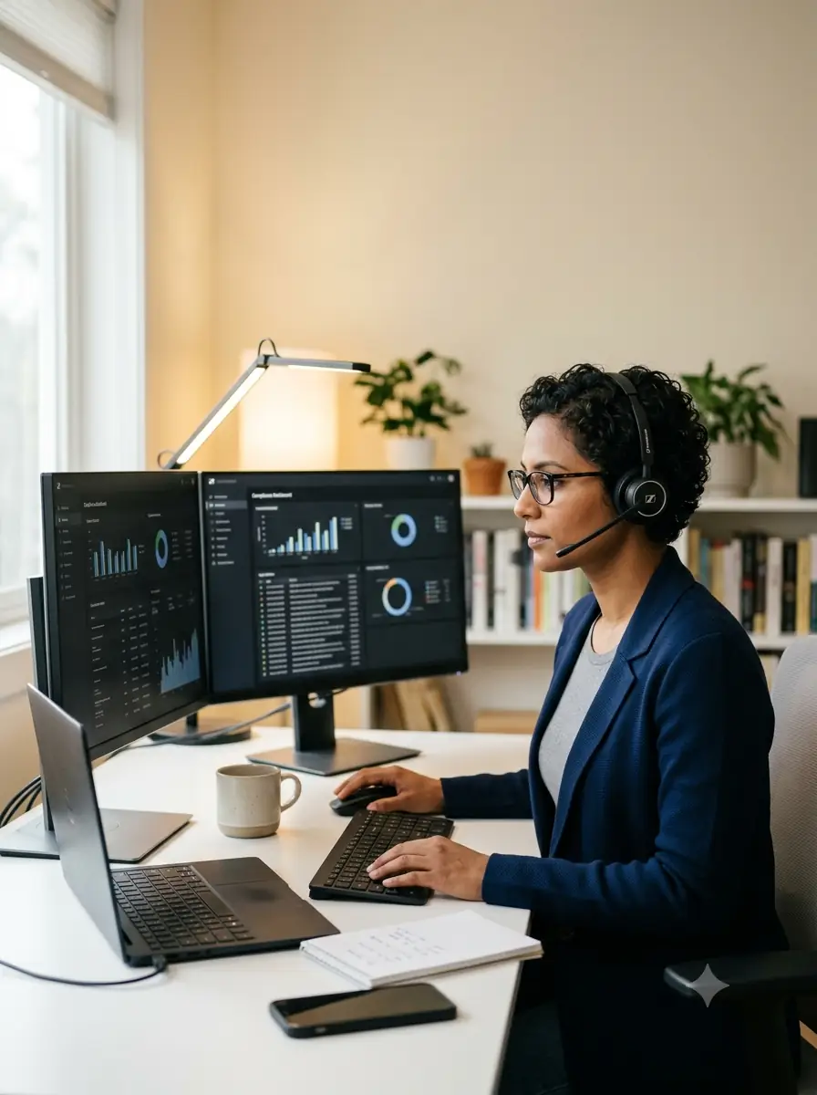 Specialist coordinating a multi site assets verification on multiple screens