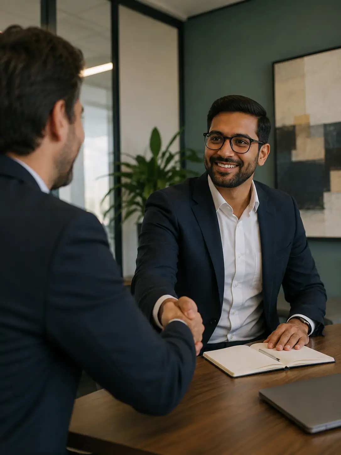 Professionals in a focused partnership discussion